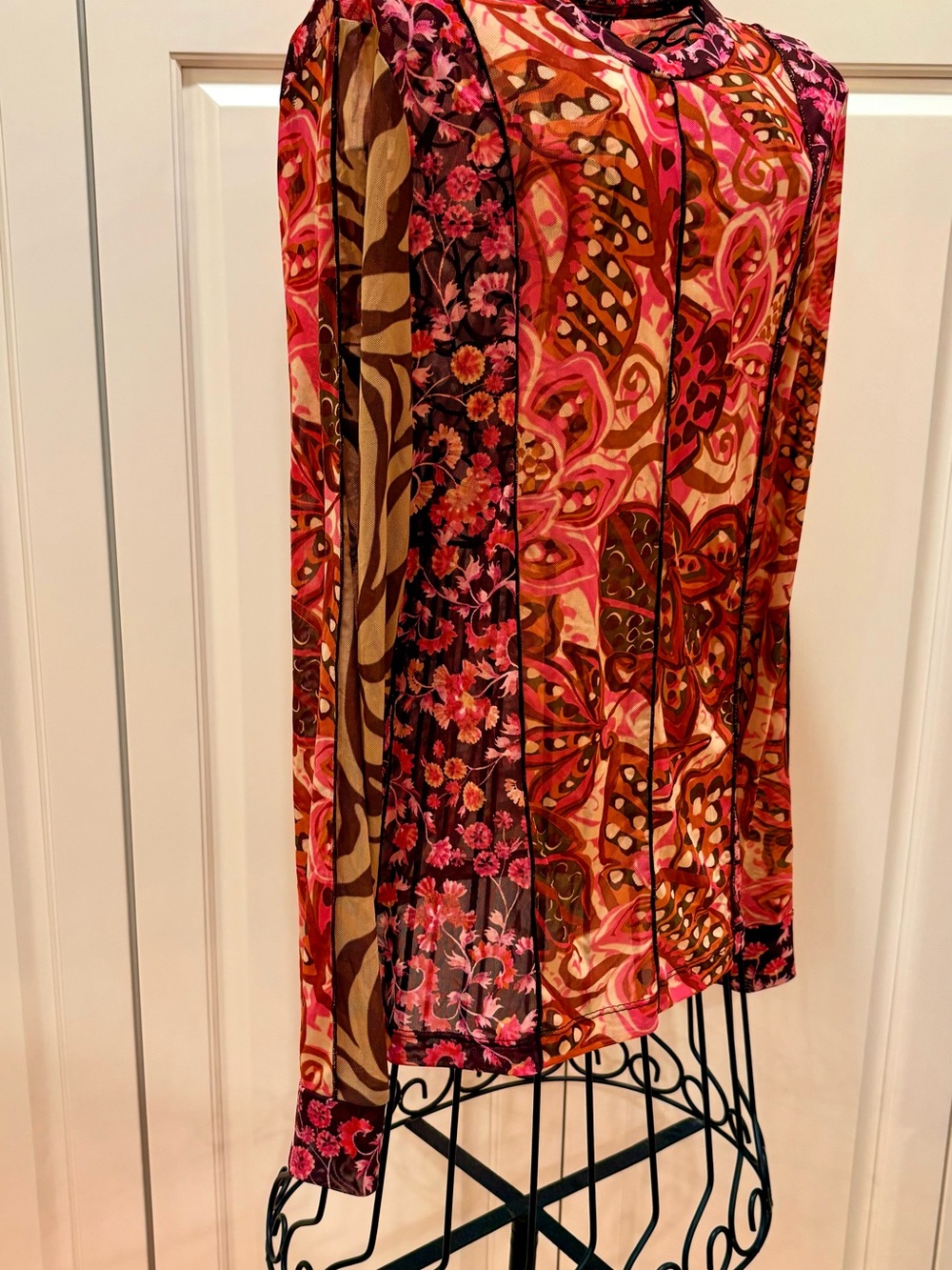 Johnny Was Pink Brown Floral Sheer Long-Sleeve Top - Picture 6 of 6